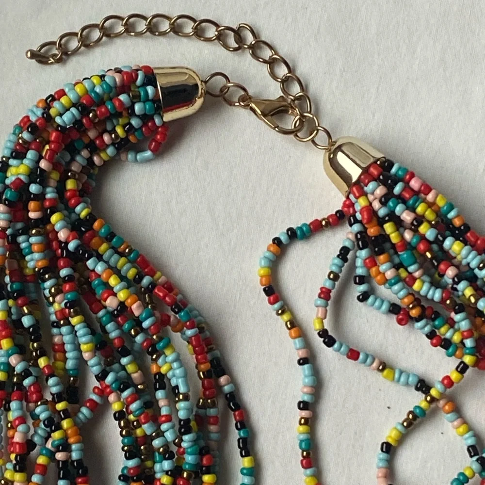 Beautiful Multicolored & Gold 20 Strand Seed Bead Statement Necklace 27”